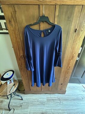 new directions Navy Scoop Neck Midi Dress with Bell Sleeves